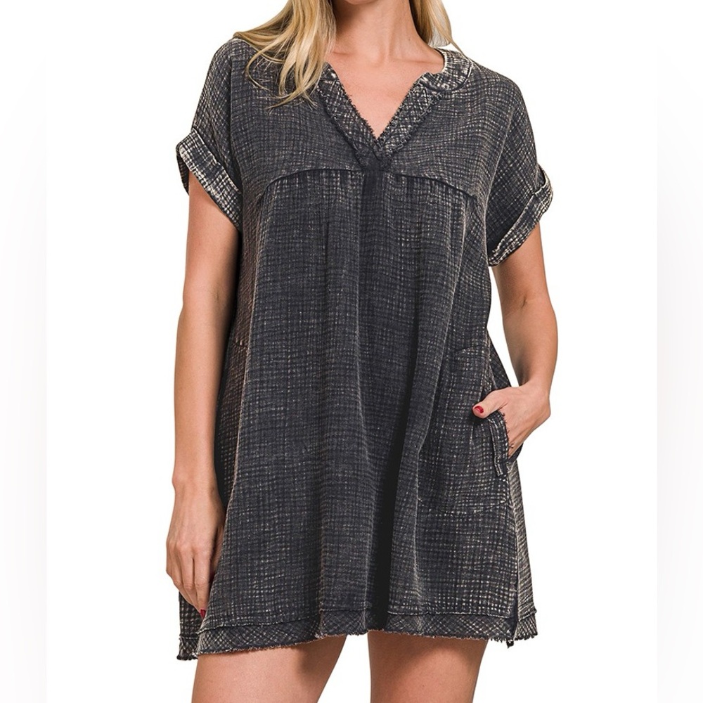 NWT Zenana Black Vintage Wash Woven Textured Gauze Rolled Sleeve Mini Dress